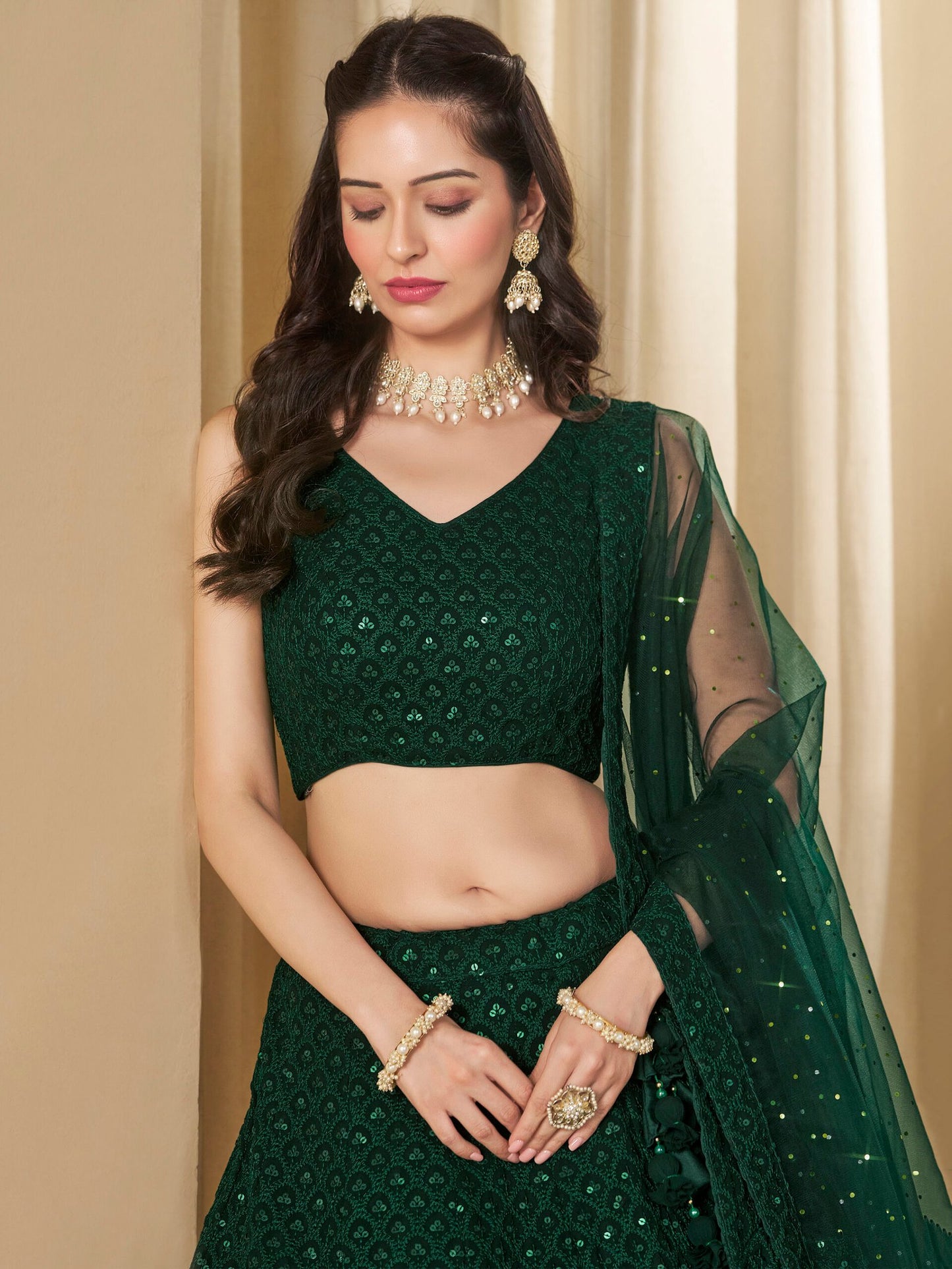 Green Bridesmaid Unstitched Blouse &amp; Semi-Stitched Lehenga Choli