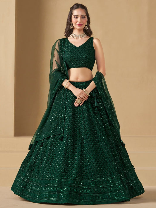 Green Bridesmaid Unstitched Blouse &amp; Semi-Stitched Lehenga Choli