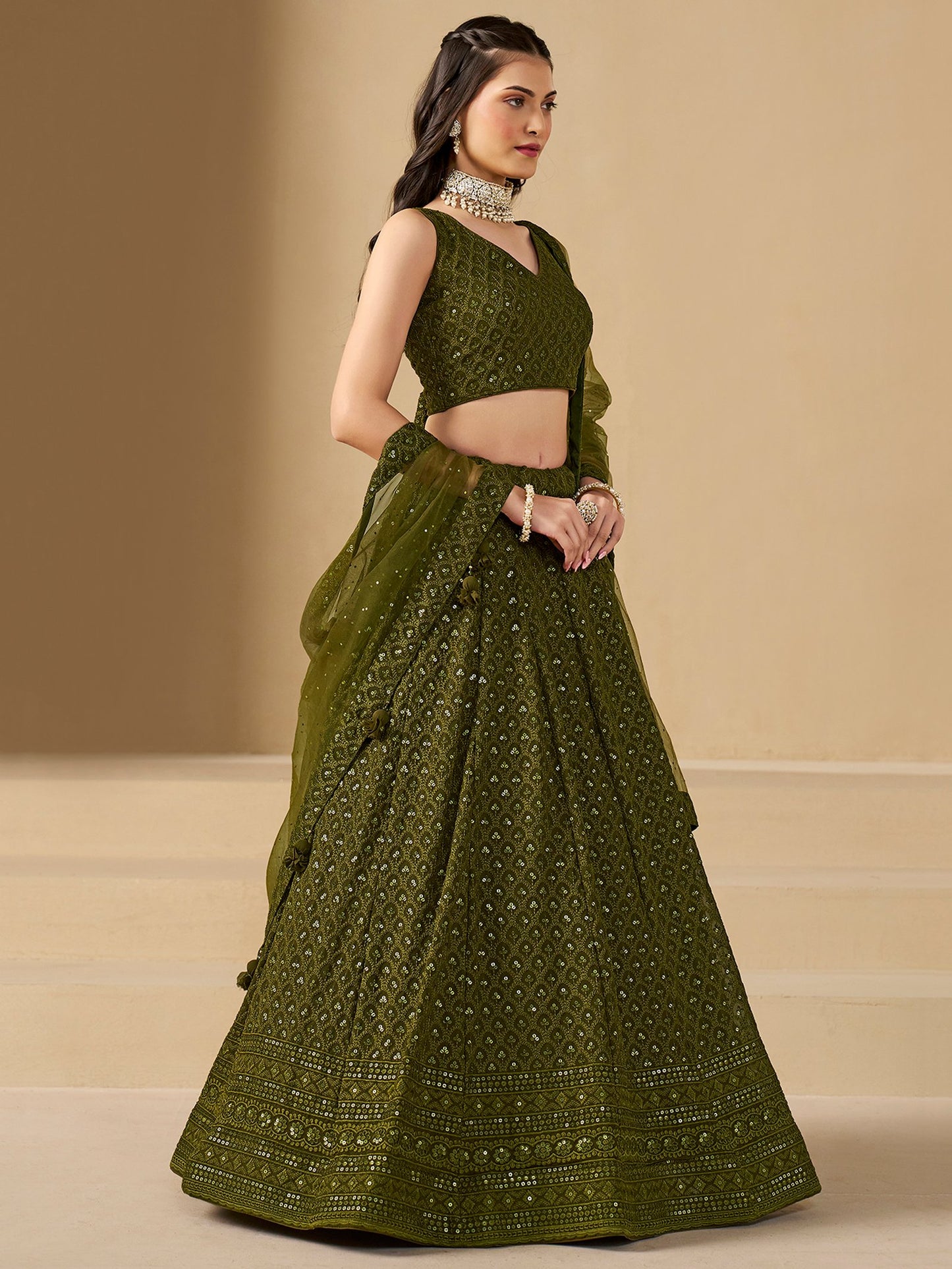 Mehendi Bridesmaid Unstitched Blouse & Semi-Stitched Lehenga Choli