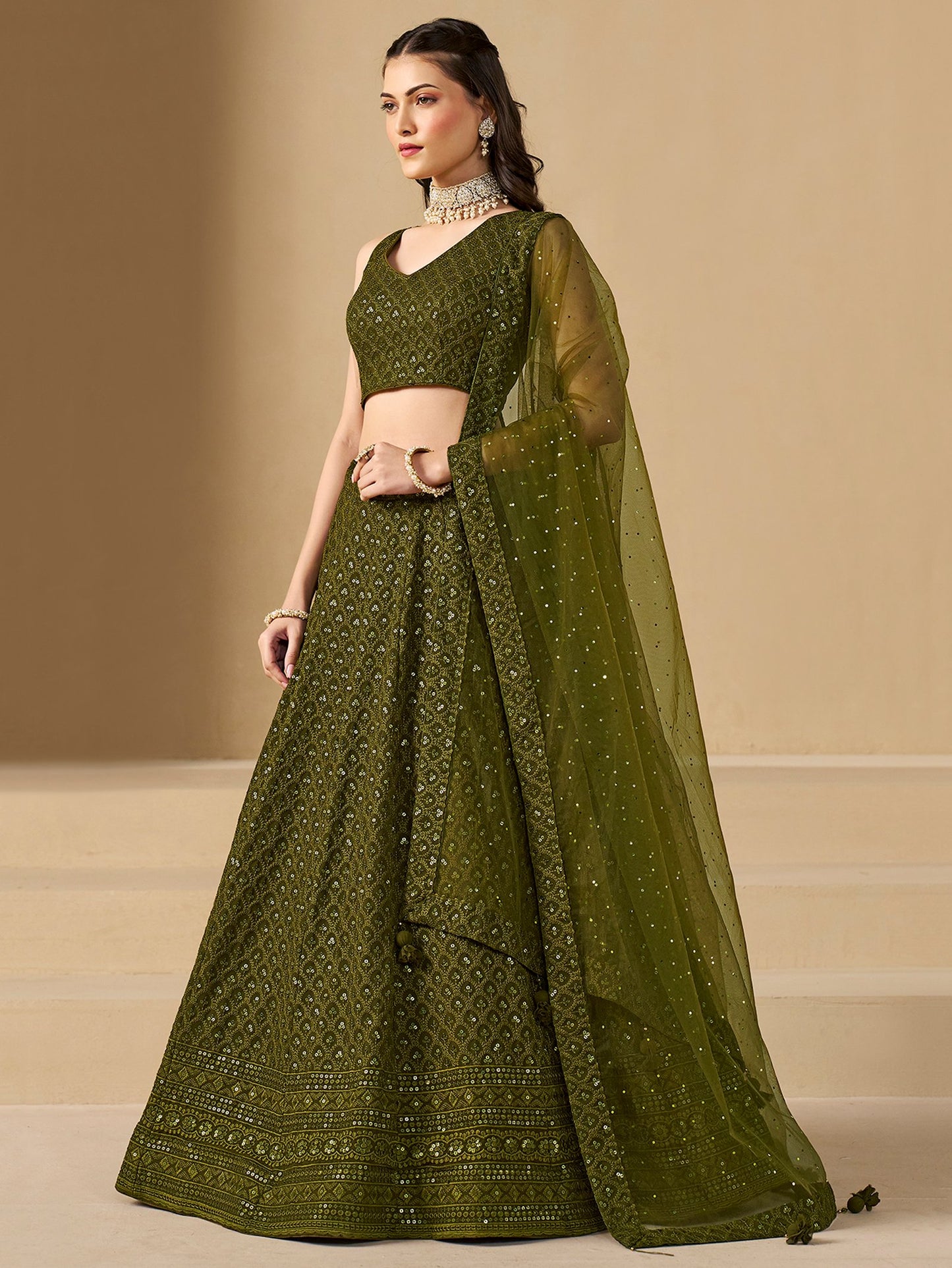 Mehendi Bridesmaid Unstitched Blouse & Semi-Stitched Lehenga Choli