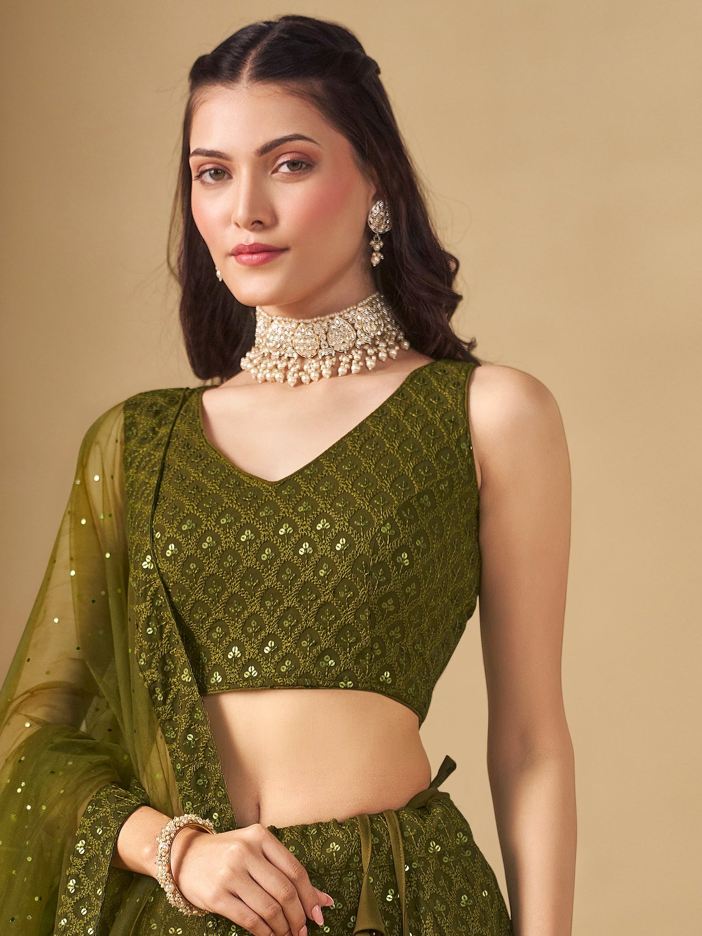 Mehendi Bridesmaid Unstitched Blouse & Semi-Stitched Lehenga Choli