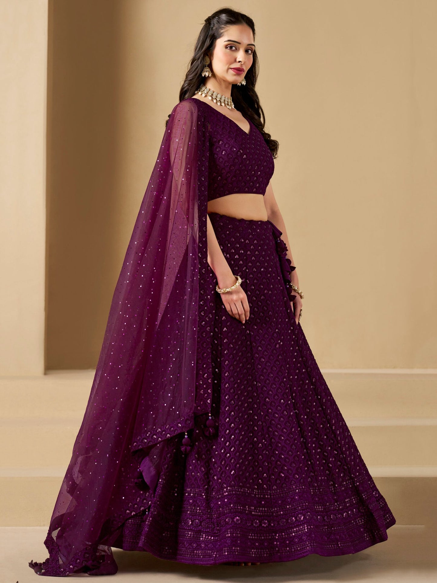 Wine Bridesmaid Unstitched Blouse & Semi-Stitched Lehenga Choli
