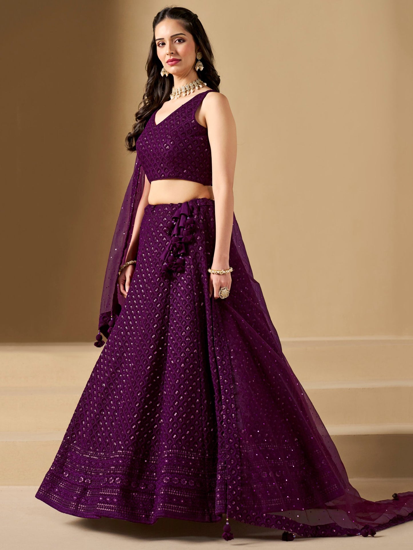 Wine Bridesmaid Unstitched Blouse & Semi-Stitched Lehenga Choli