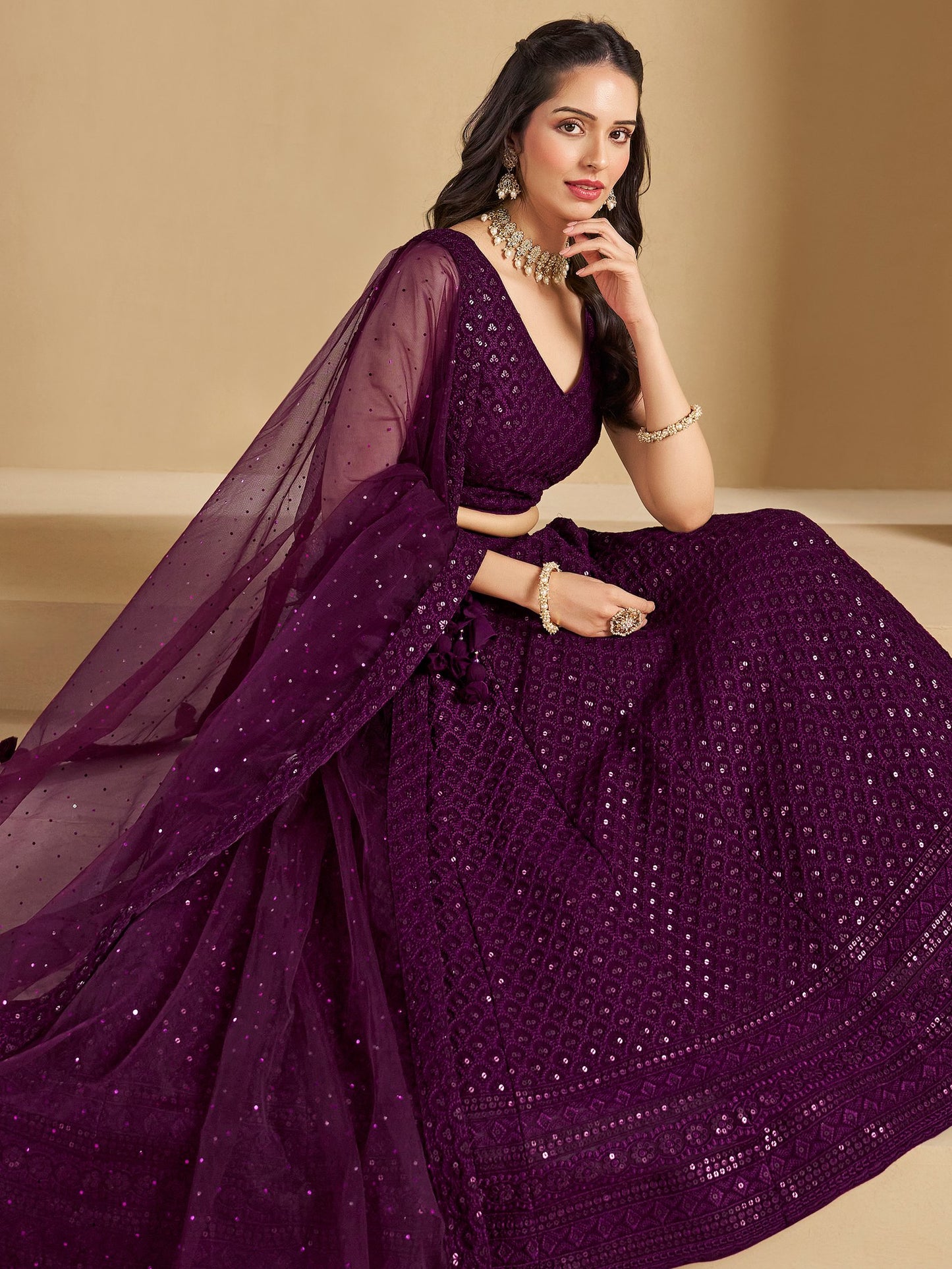 Wine Bridesmaid Unstitched Blouse & Semi-Stitched Lehenga Choli