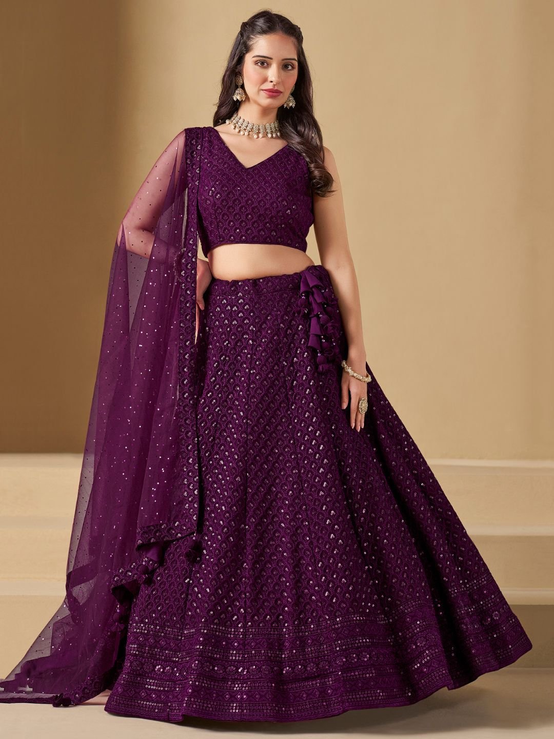 Wine Bridesmaid Unstitched Blouse & Semi-Stitched Lehenga Choli
