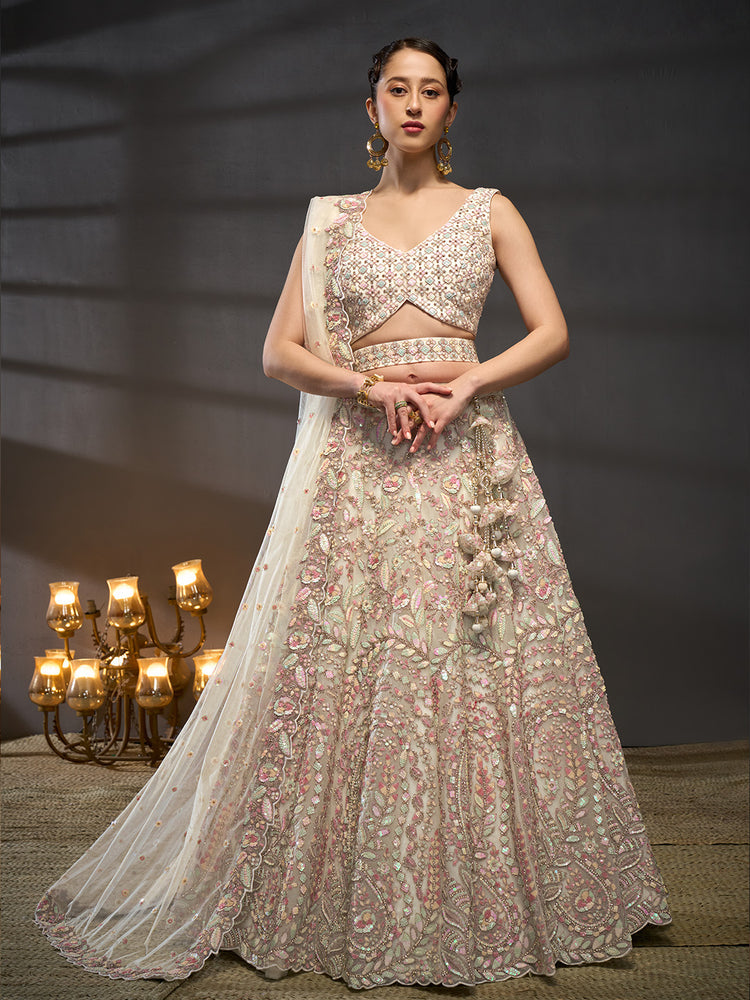Mauve - Multi Sequins Heavy Zarkan Net Embroidered Semi-Stitched Bridal Lehenga choli