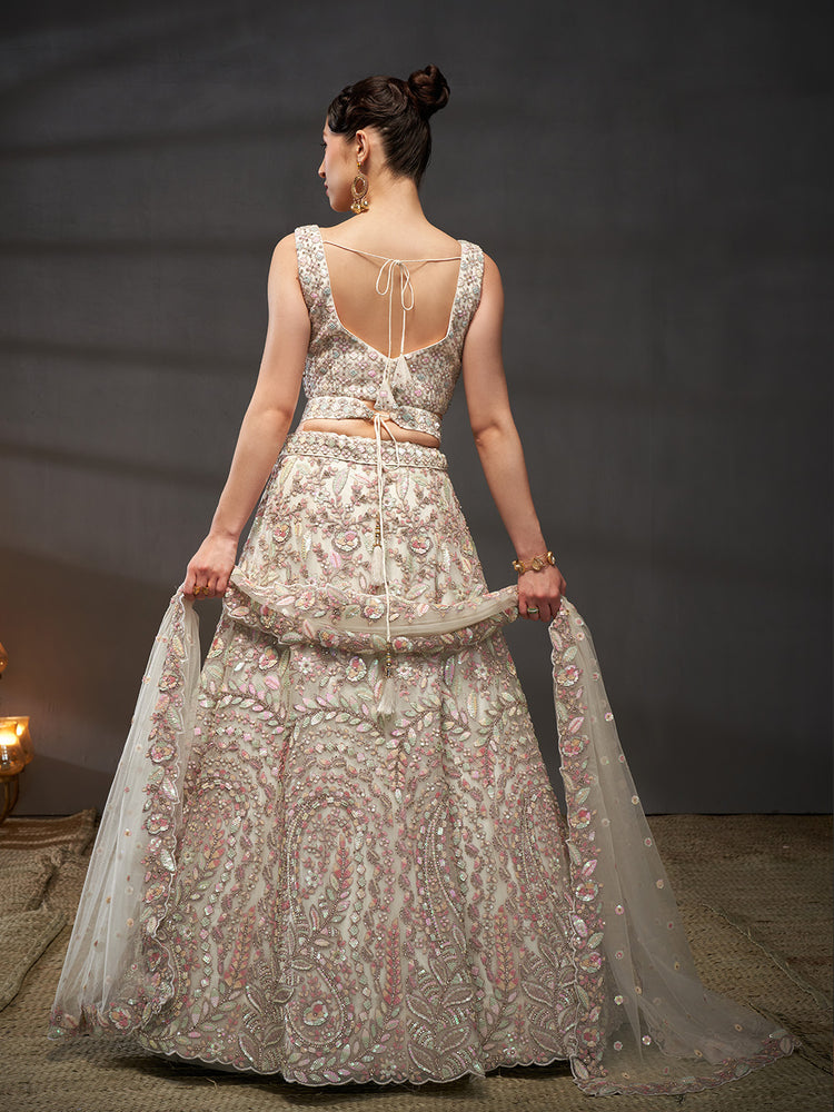 Mauve - Multi Sequins Heavy Zarkan Net Embroidered Semi-Stitched Bridal Lehenga choli