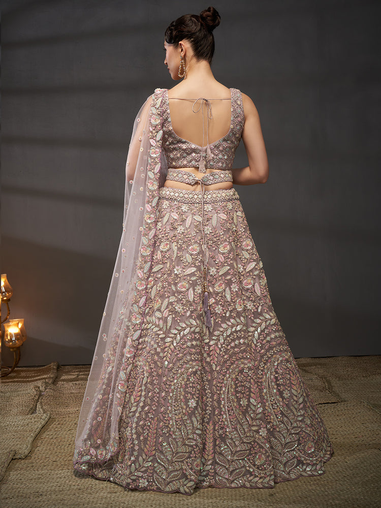 Mauve - Multi Sequins Heavy Zarkan Net Embroidered Semi-Stitched Bridal Lehenga choli