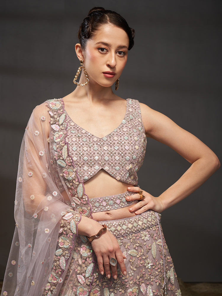 Mauve - Multi Sequins Heavy Zarkan Net Embroidered Semi-Stitched Bridal Lehenga choli