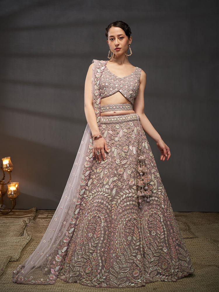 Mauve - Multi Sequins Heavy Zarkan Net Embroidered Semi-Stitched Bridal Lehenga choli
