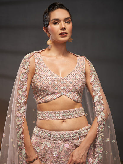 Pink - Multi Sequins Heavy Zarkan Net Embroidered Semi-Stitched Bridal Lehenga choli