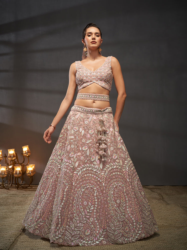 Pink - Multi Sequins Heavy Zarkan Net Embroidered Semi-Stitched Bridal Lehenga choli