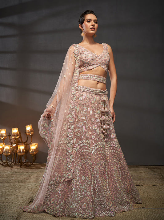 Pink - Multi Sequins Heavy Zarkan Net Embroidered Semi-Stitched Bridal Lehenga choli