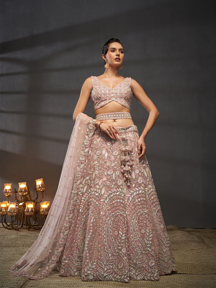 Pink - Multi Sequins Heavy Zarkan Net Embroidered Semi-Stitched Bridal Lehenga choli