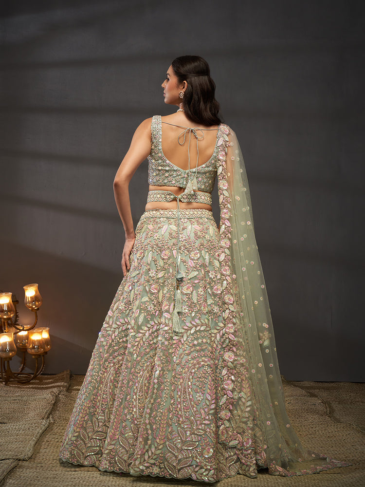 Seagreen - Multi Sequins Heavy Zarkan Net Embroidered Semi-Stitched Bridal Lehenga choli