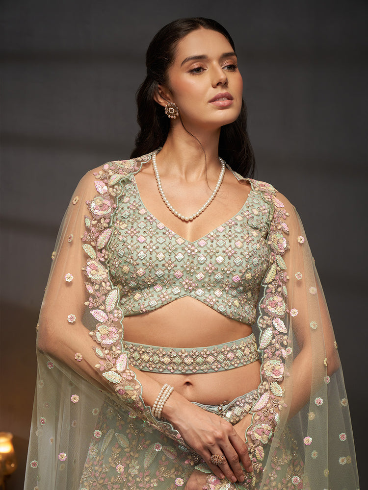 Seagreen - Multi Sequins Heavy Zarkan Net Embroidered Semi-Stitched Bridal Lehenga choli