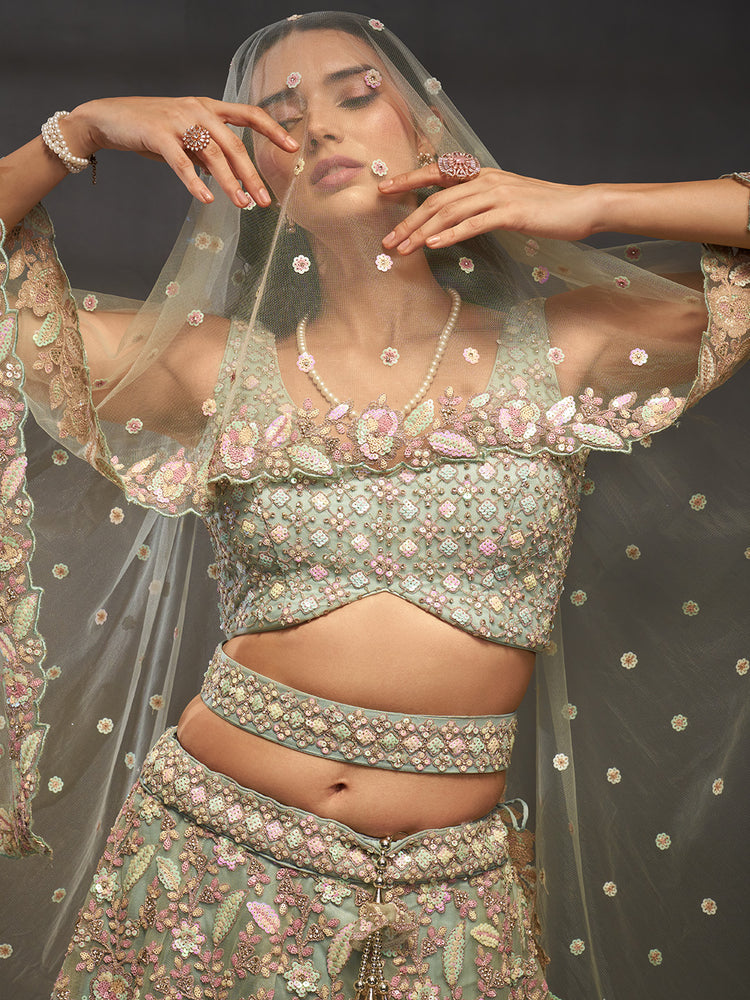 Seagreen - Multi Sequins Heavy Zarkan Net Embroidered Semi-Stitched Bridal Lehenga choli