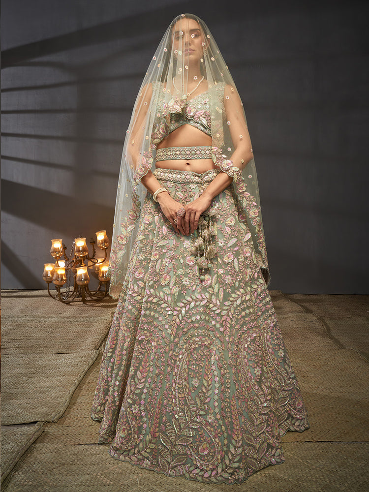 Seagreen - Multi Sequins Heavy Zarkan Net Embroidered Semi-Stitched Bridal Lehenga choli
