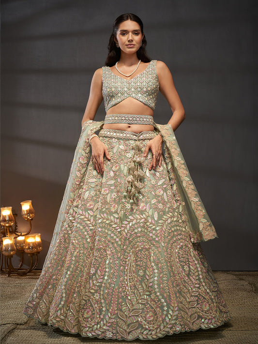 Seagreen - Multi Sequins Heavy Zarkan Net Embroidered Semi-Stitched Bridal Lehenga choli