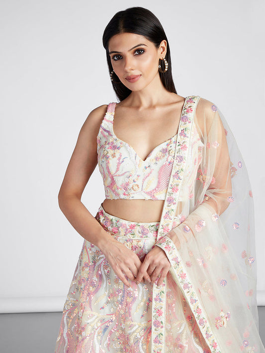 Cream Net Sequins and thread embroidery Semi-Stitched Lehenga choli Dupatta