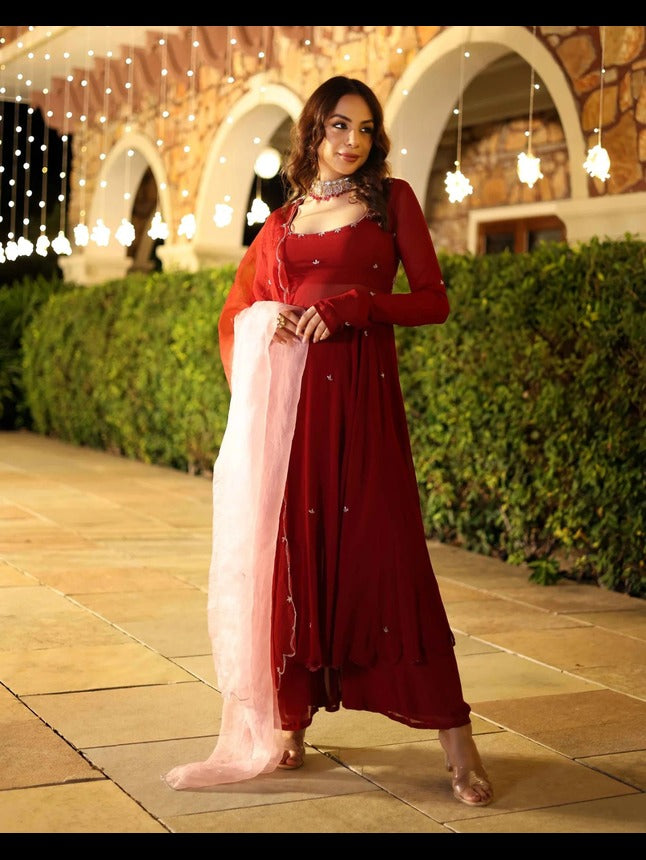 Maroon Blush Embroidered Georgette Suit Set