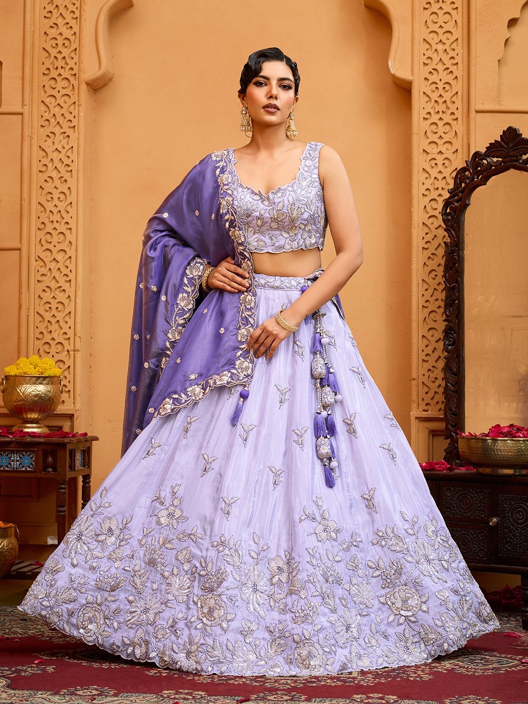 Lavender- Tissue Fabric Sequins embroidery Semi-Stitched Lehenga & Unstitched Blouse With Dupatta