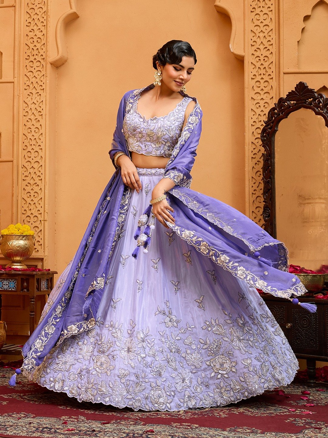 Lavender- Tissue Fabric Sequins embroidery Semi-Stitched Lehenga & Unstitched Blouse With Dupatta