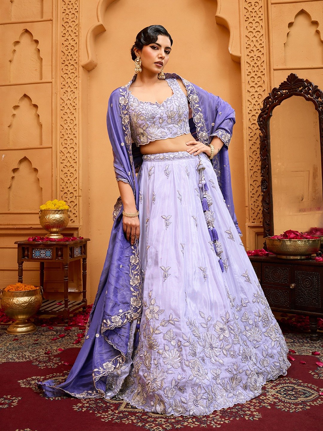 Lavender- Tissue Fabric Sequins embroidery Semi-Stitched Lehenga & Unstitched Blouse With Dupatta