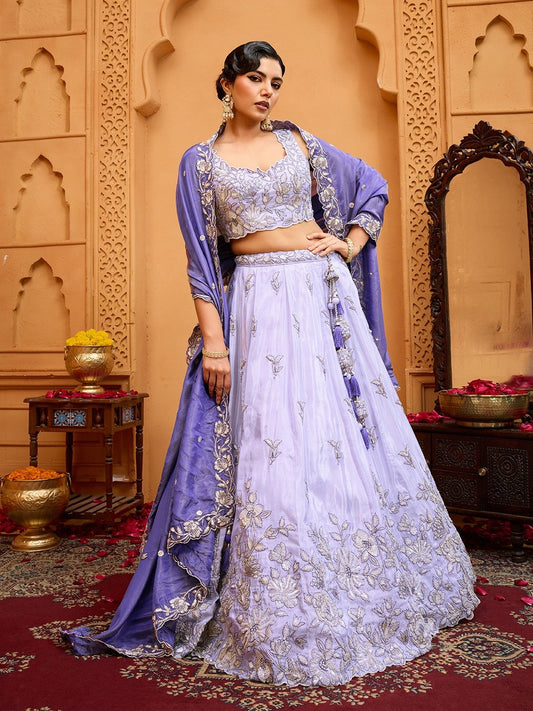 Lavender- Tissue Fabric Sequins embroidery Semi-Stitched Lehenga & Unstitched Blouse With Dupatta