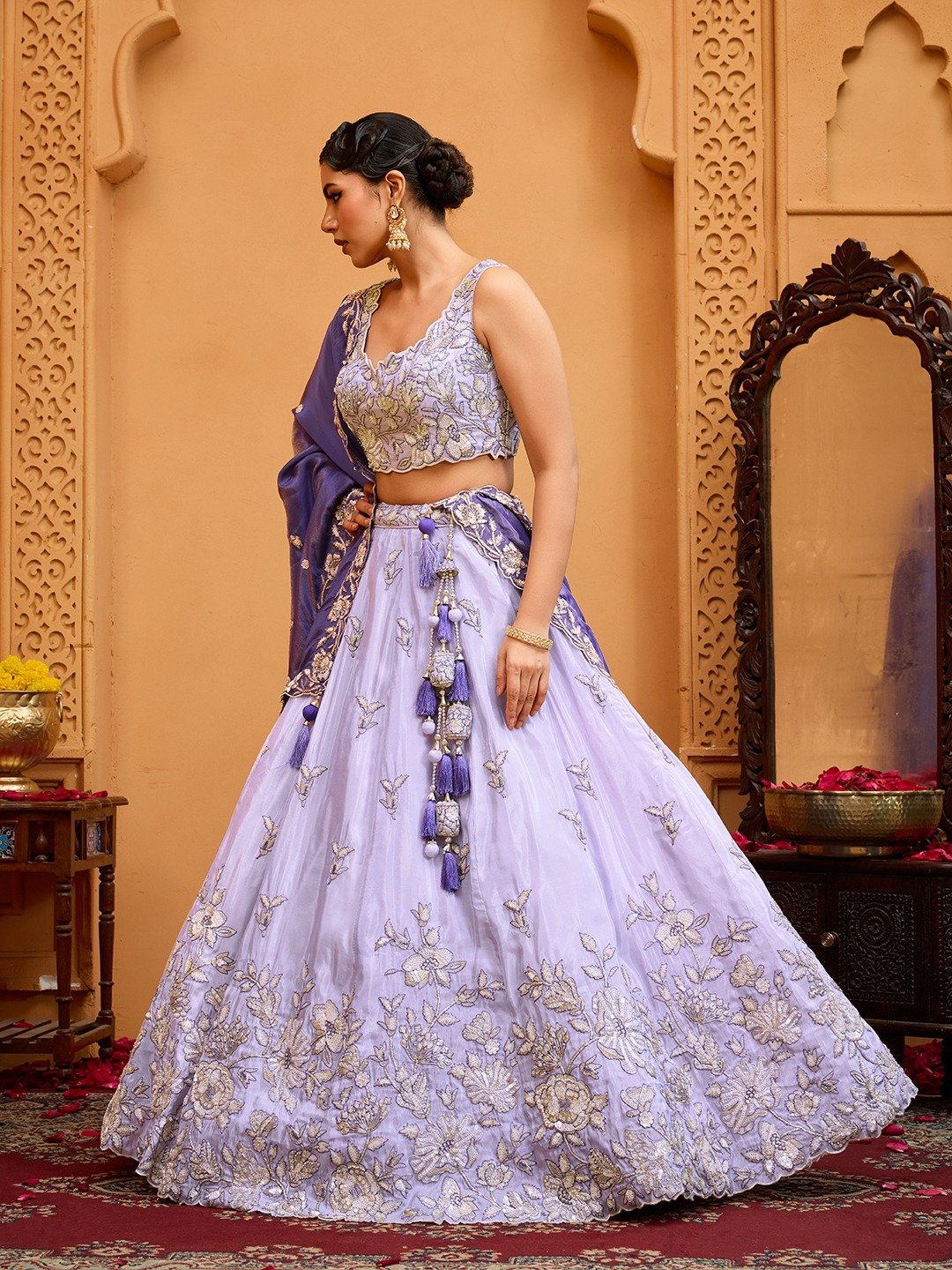 Lavender- Tissue Fabric Sequins embroidery Semi-Stitched Lehenga & Unstitched Blouse With Dupatta