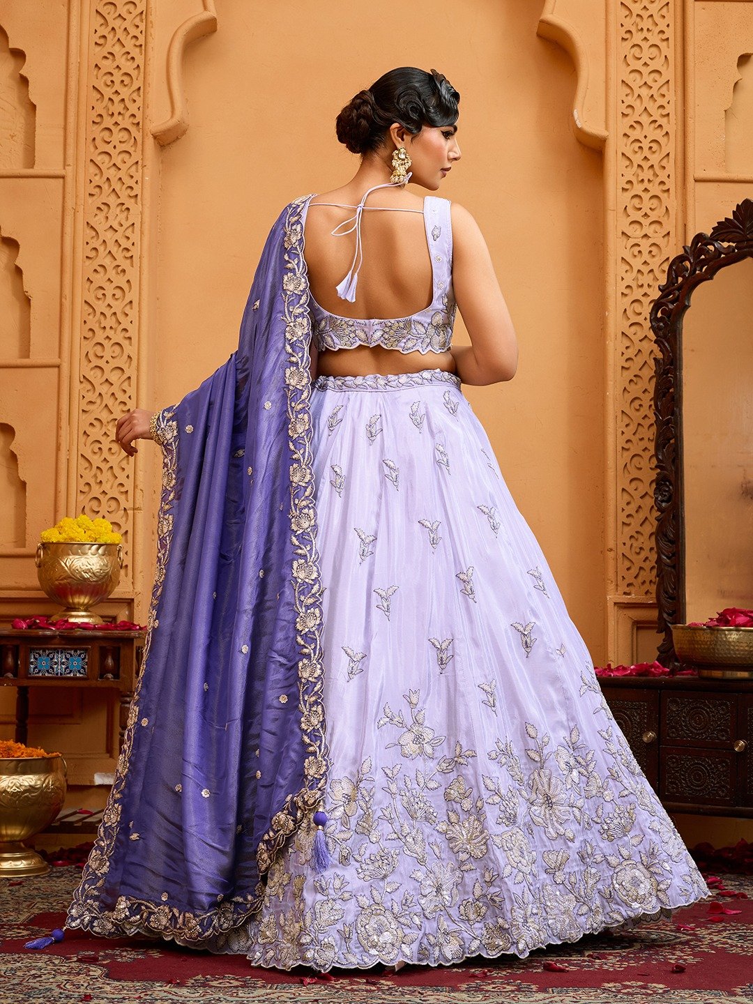 Lavender- Tissue Fabric Sequins embroidery Semi-Stitched Lehenga & Unstitched Blouse With Dupatta