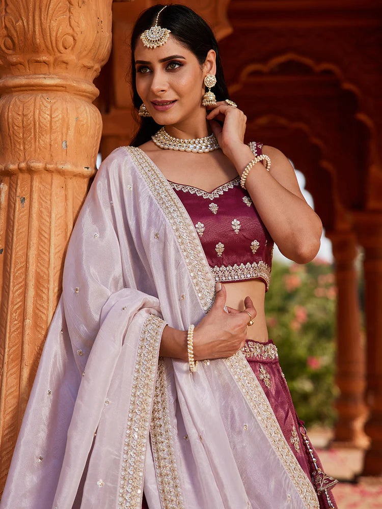 Burgundy- Tissue Fabric Sequins embroidery Semi-Stitched Lehenga & Unstitched Blouse With Dupatta