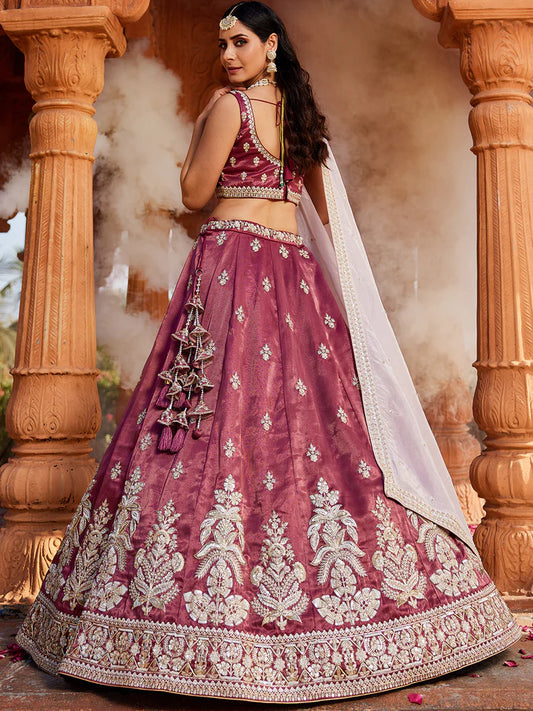 Burgundy- Tissue Fabric Sequins embroidery Semi-Stitched Lehenga & Unstitched Blouse With Dupatta