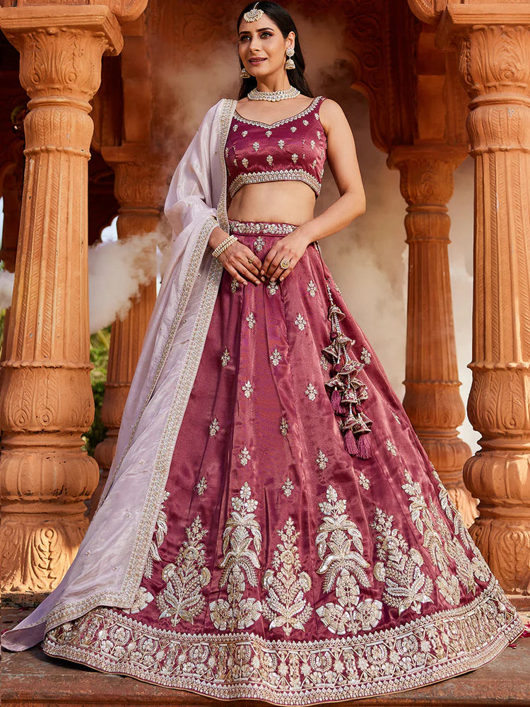 Burgundy- Tissue Fabric Sequins embroidery Semi-Stitched Lehenga & Unstitched Blouse With Dupatta