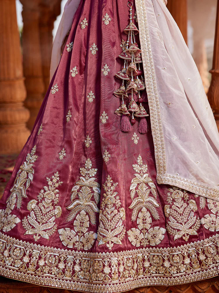 Burgundy- Tissue Fabric Sequins embroidery Semi-Stitched Lehenga & Unstitched Blouse With Dupatta