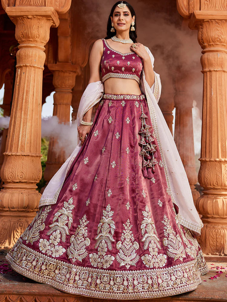 Burgundy- Tissue Fabric Sequins embroidery Semi-Stitched Lehenga & Unstitched Blouse With Dupatta