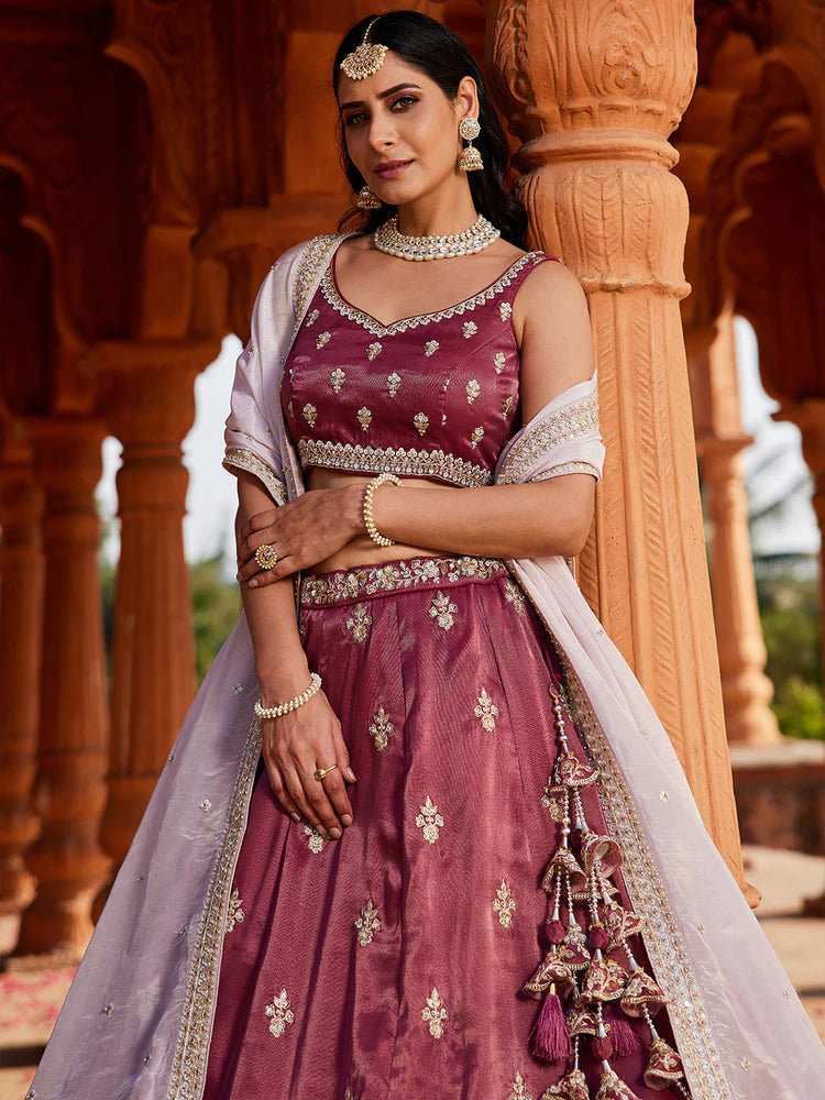 Burgundy- Tissue Fabric Sequins embroidery Semi-Stitched Lehenga & Unstitched Blouse With Dupatta