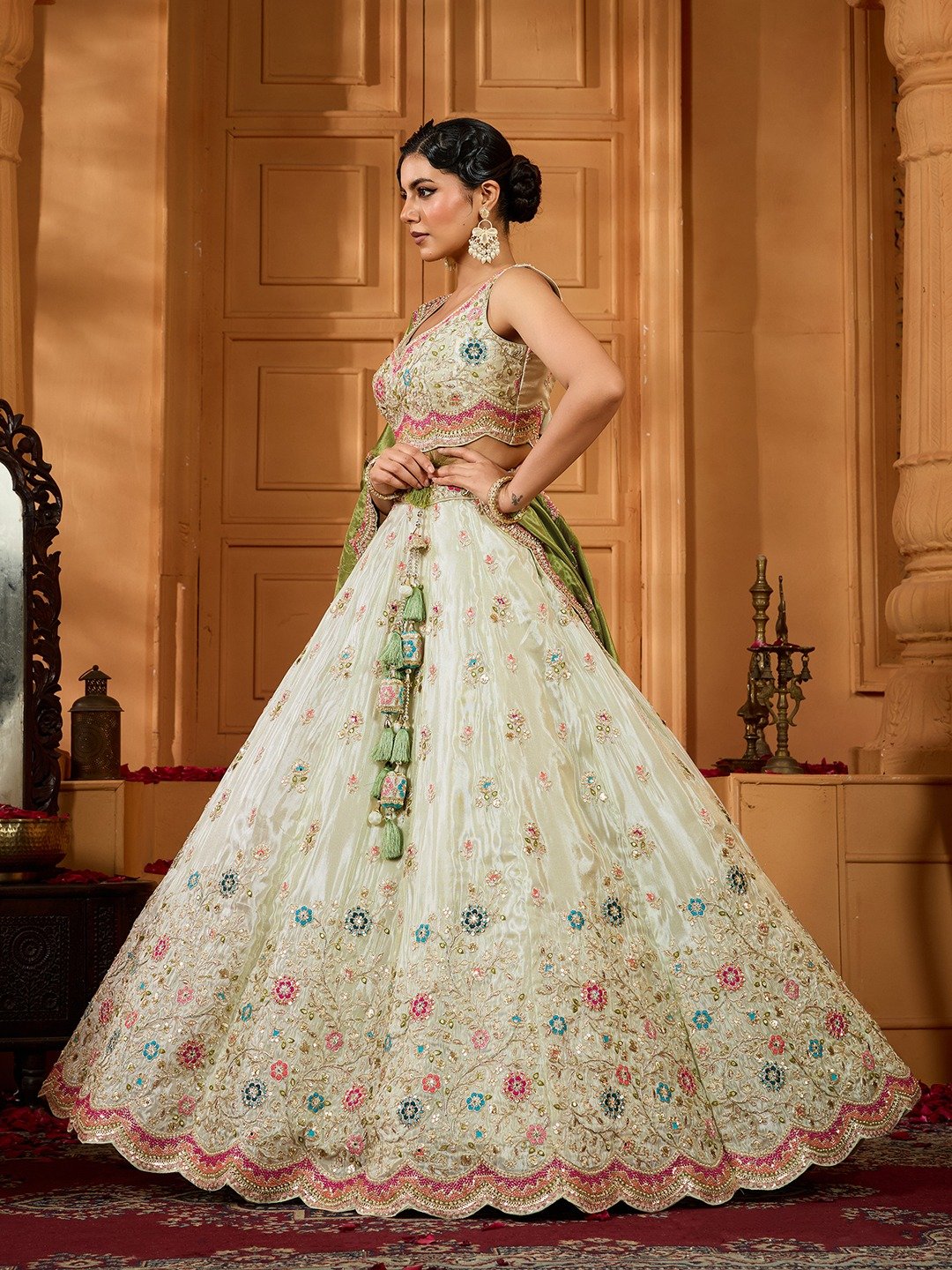 Limegreen- Tissue Fabric Sequins embroidery Semi-Stitched Lehenga & Unstitched Blouse With Dupatta