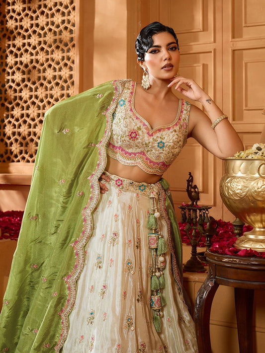 Limegreen- Tissue Fabric Sequins embroidery Semi-Stitched Lehenga & Unstitched Blouse With Dupatta