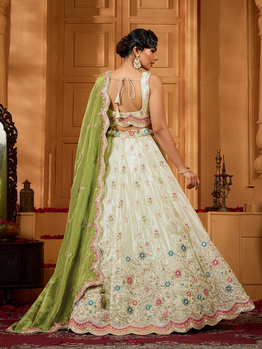Limegreen- Tissue Fabric Sequins embroidery Semi-Stitched Lehenga & Unstitched Blouse With Dupatta