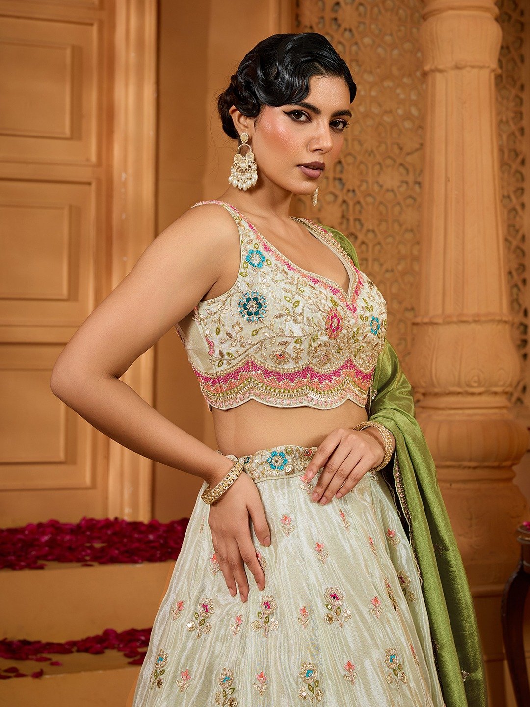 Limegreen- Tissue Fabric Sequins embroidery Semi-Stitched Lehenga & Unstitched Blouse With Dupatta