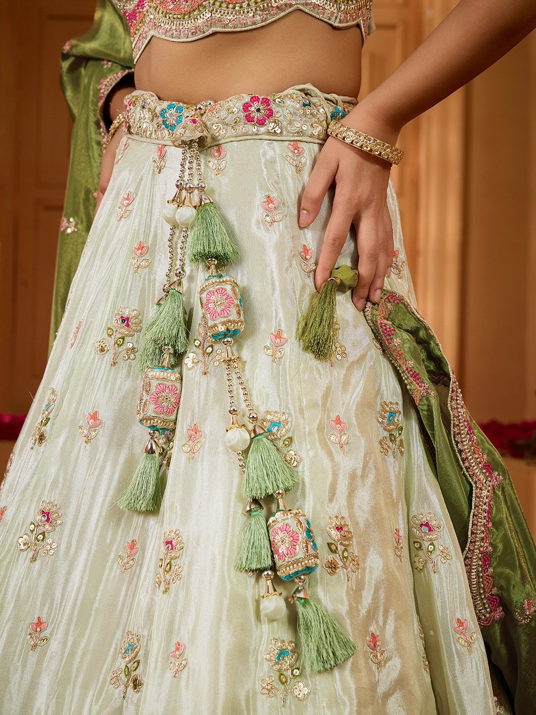 Limegreen- Tissue Fabric Sequins embroidery Semi-Stitched Lehenga & Unstitched Blouse With Dupatta