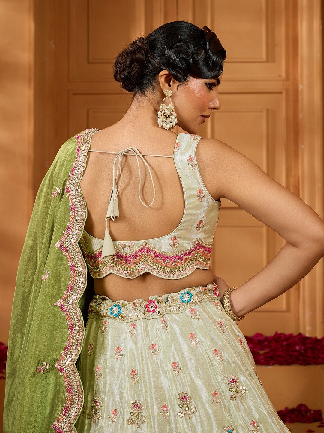 Limegreen- Tissue Fabric Sequins embroidery Semi-Stitched Lehenga & Unstitched Blouse With Dupatta