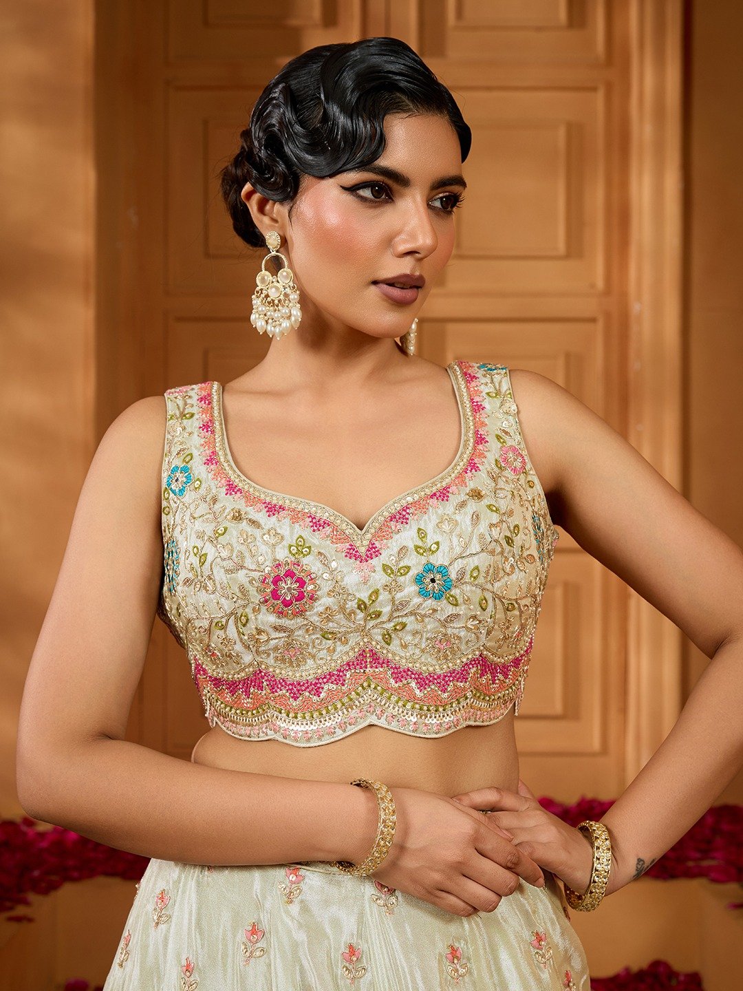 Limegreen- Tissue Fabric Sequins embroidery Semi-Stitched Lehenga & Unstitched Blouse With Dupatta