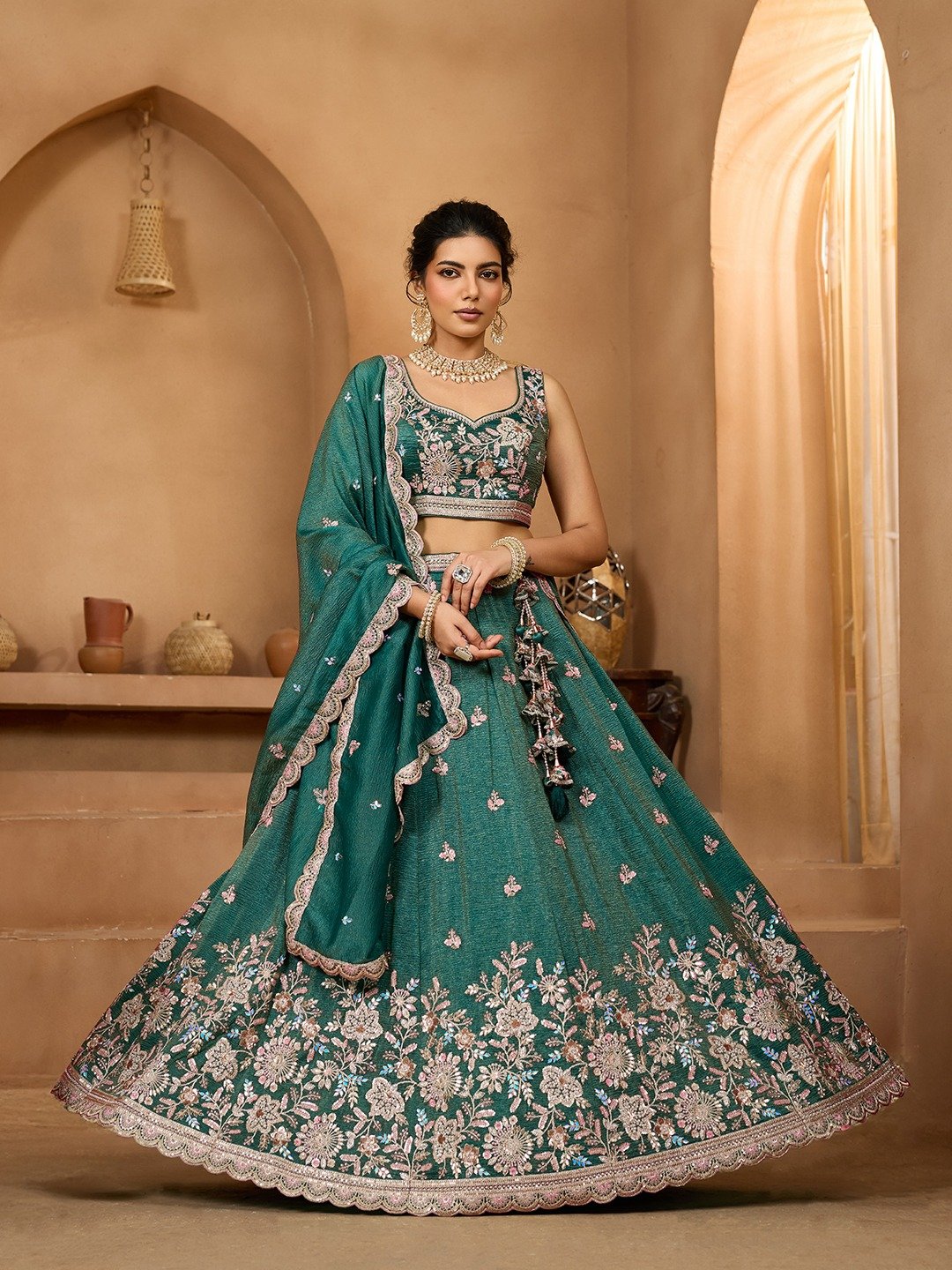 Green- Tissue Fabric Sequins embroidery Semi-Stitched Lehenga & Unstitched Blouse With Dupatta
