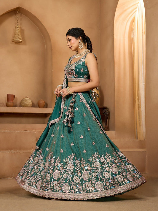 Green- Tissue Fabric Sequins embroidery Semi-Stitched Lehenga & Unstitched Blouse With Dupatta