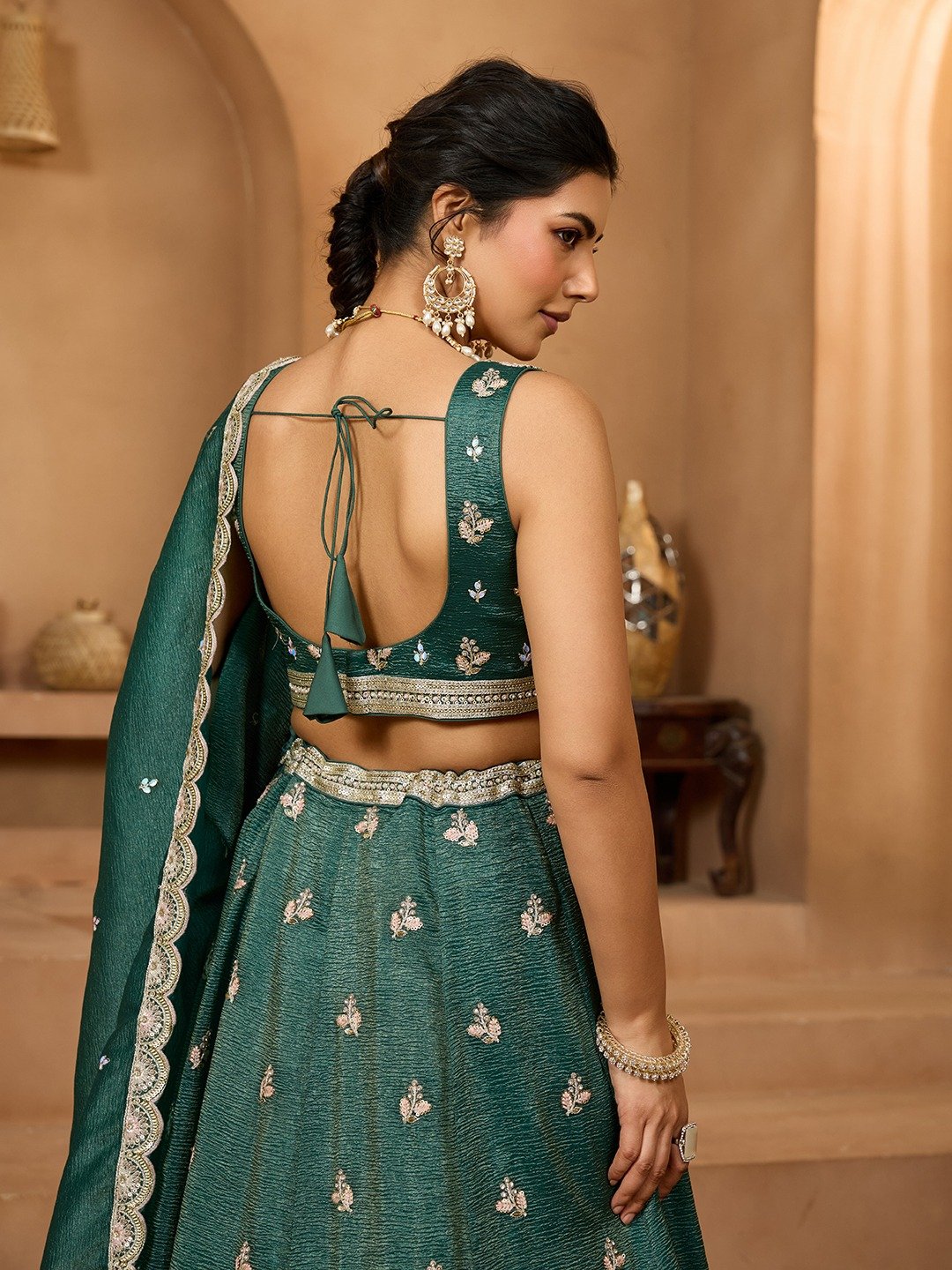 Green- Tissue Fabric Sequins embroidery Semi-Stitched Lehenga & Unstitched Blouse With Dupatta