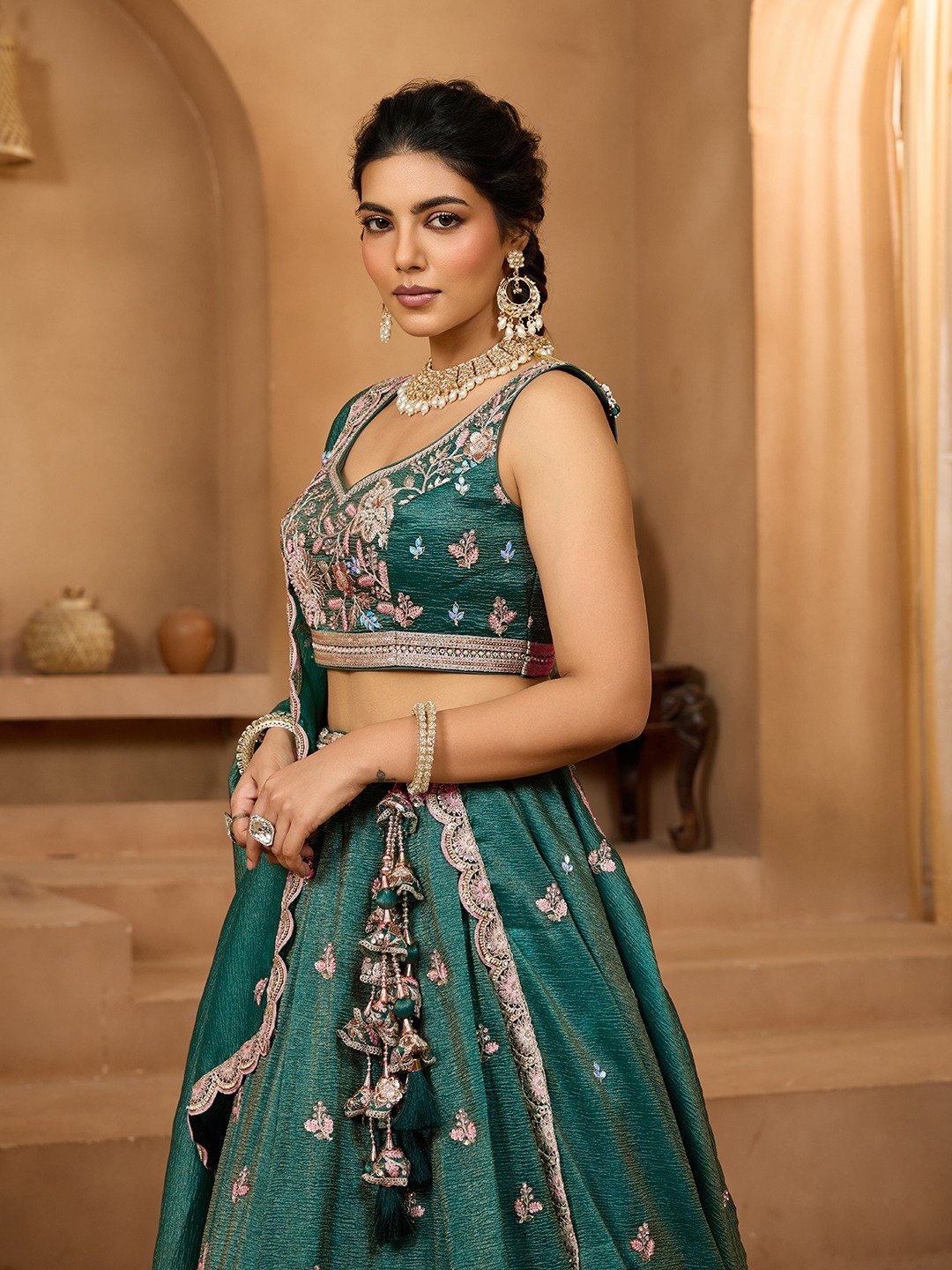 Green- Tissue Fabric Sequins embroidery Semi-Stitched Lehenga & Unstitched Blouse With Dupatta