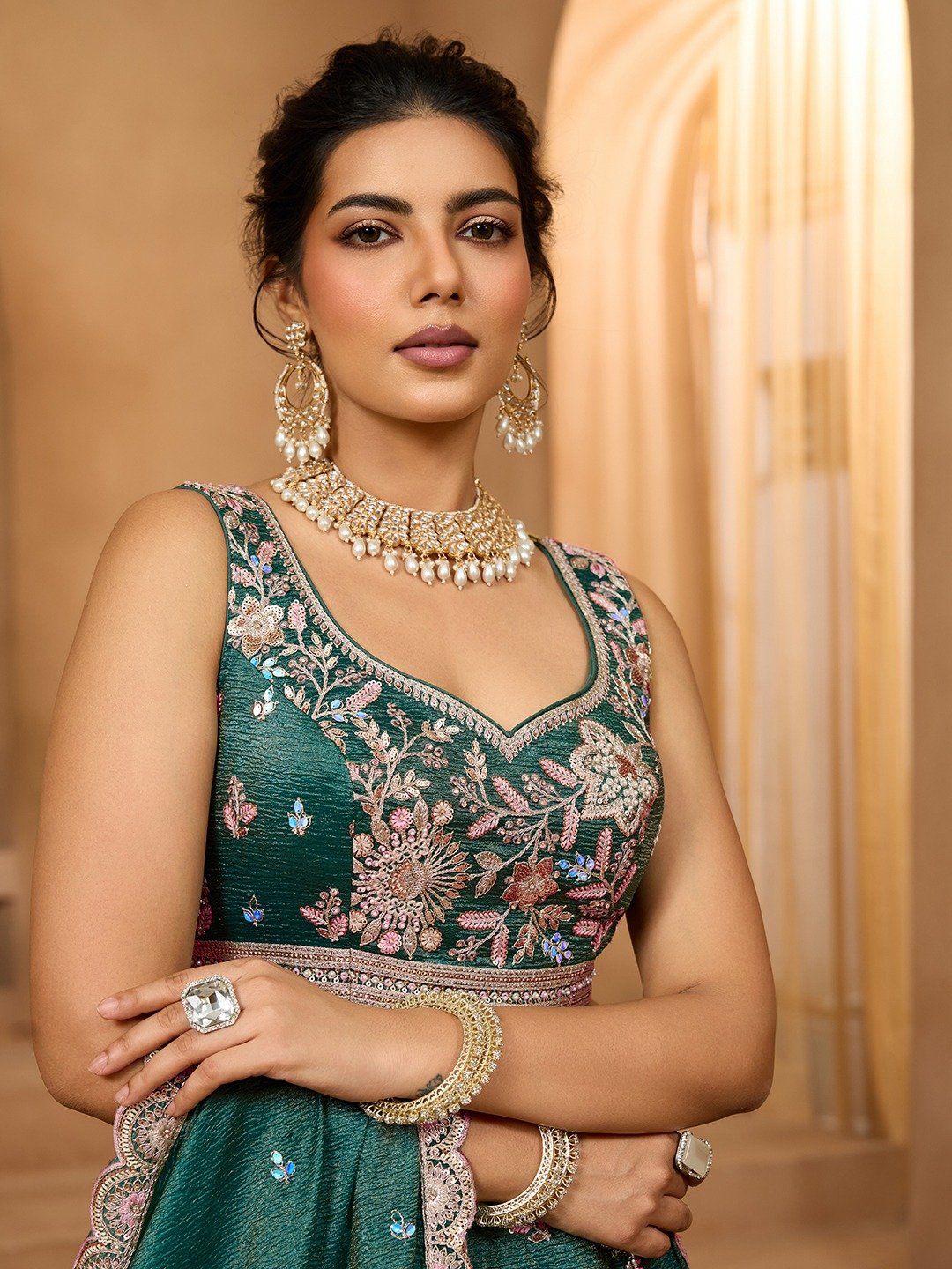 Green- Tissue Fabric Sequins embroidery Semi-Stitched Lehenga & Unstitched Blouse With Dupatta