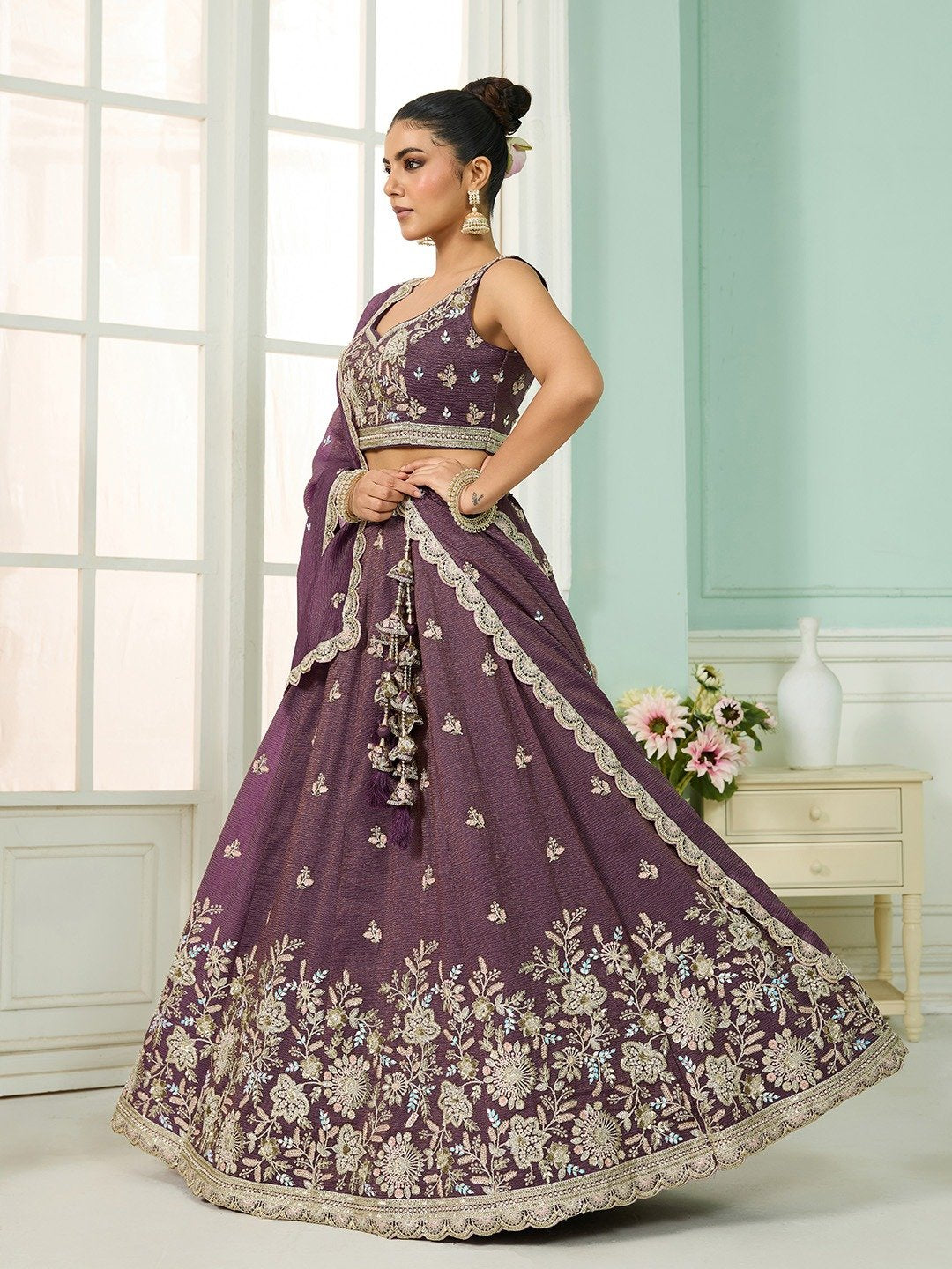 Purple- Tissue Fabric Sequins embroidery Semi-Stitched Lehenga & Unstitched Blouse With Dupatta